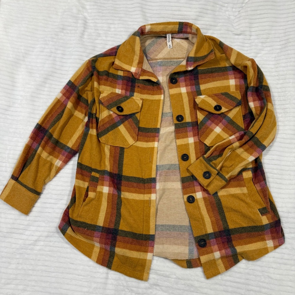 Zenana Womens Plaid Flannel‎ Shacket Mustard Yellow Button Down Shirt Jacket M